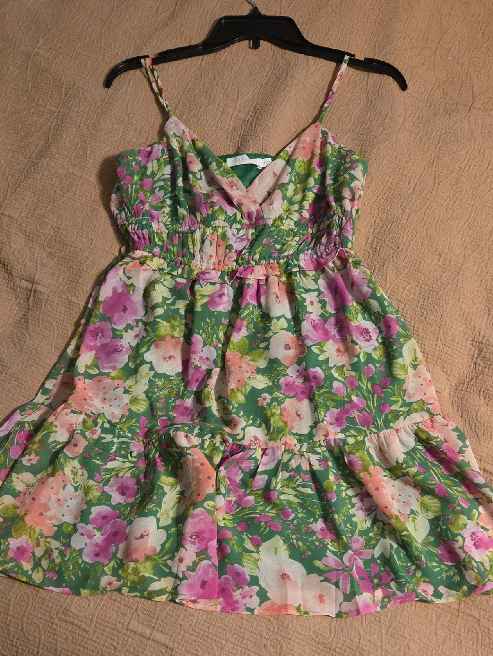 Womens Green Floral Sundress with Pink & Peach Blossoms